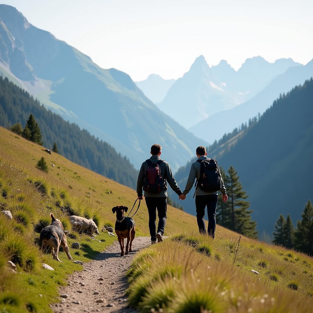 Couple hiking with their dog in the Pyrenees mountains