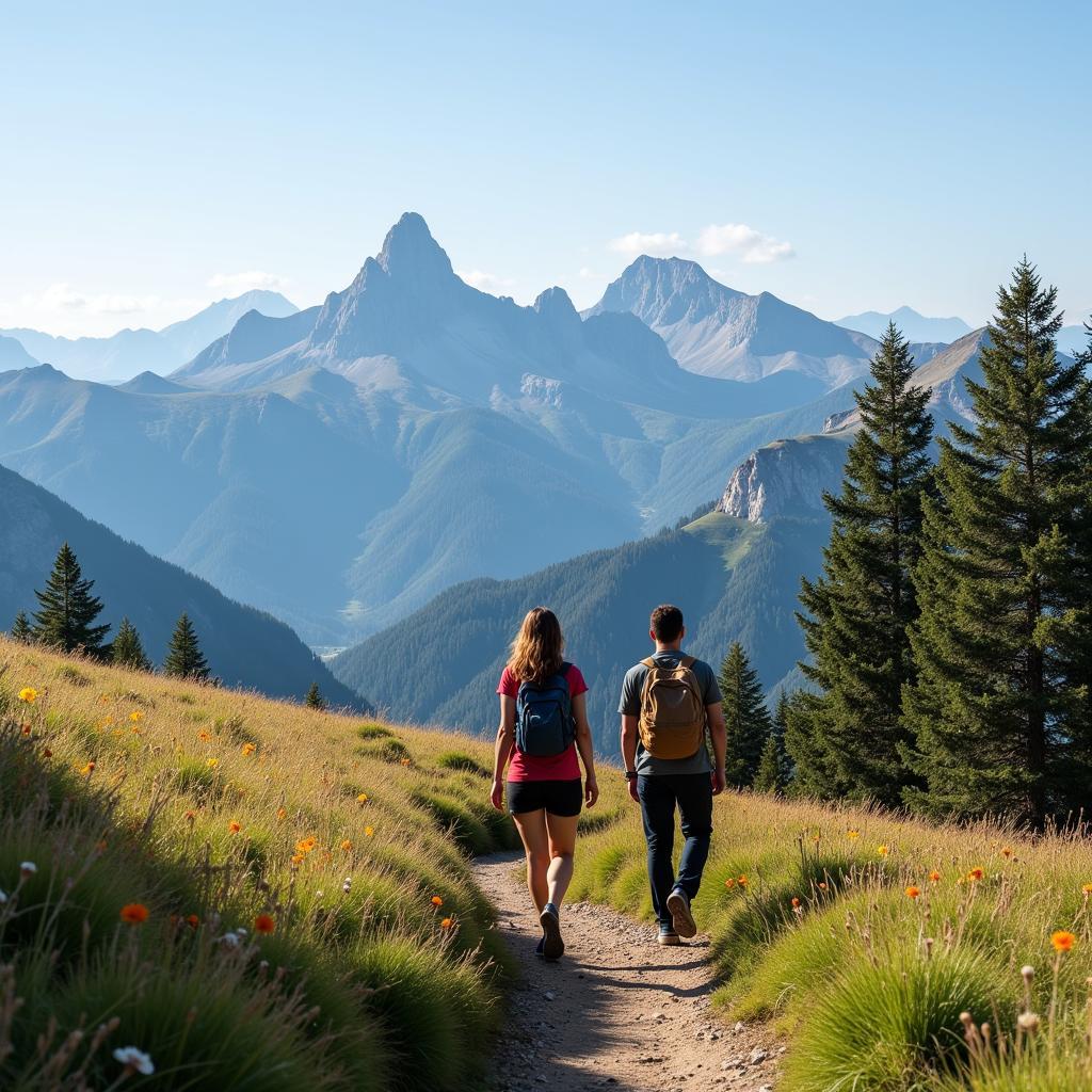 Couple hiking in the Pyrenees Mountains