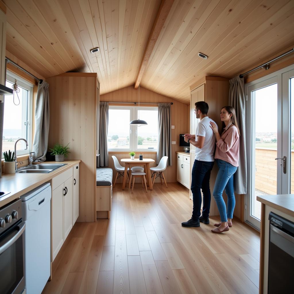 Couple inspecting the interior of a pre-owned mobil home in Girona