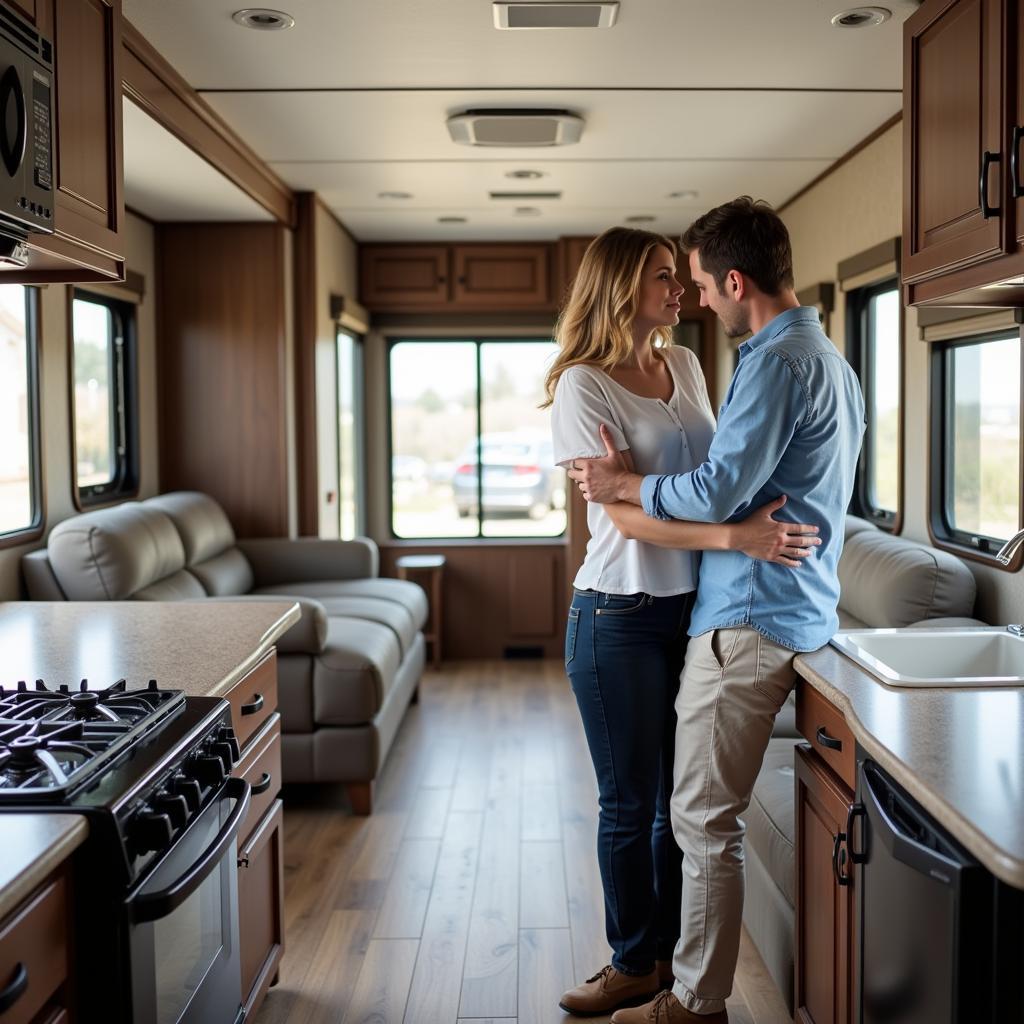 Couple inspecting a used mobile home at a dealership