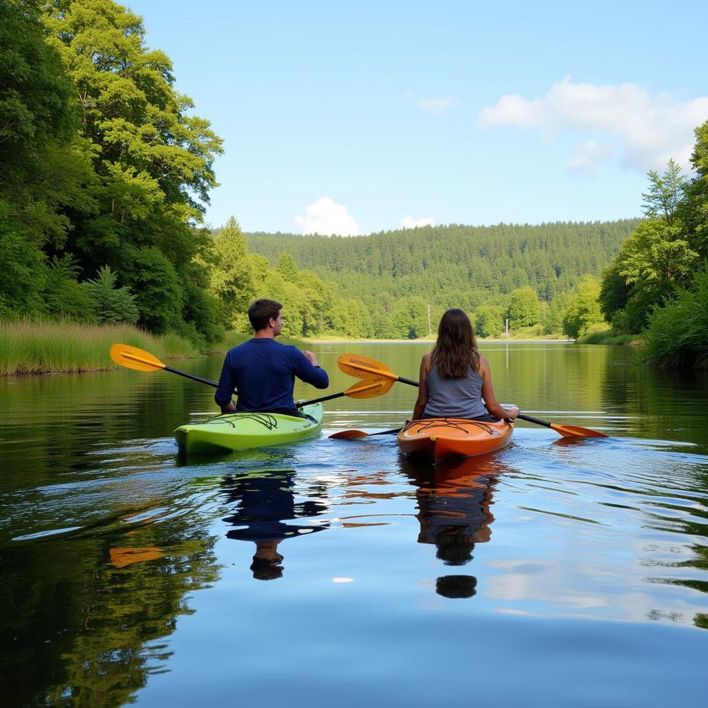 Couple kayaking in the serene waters of Urdaibai Biosphere Reserve, Basque Country