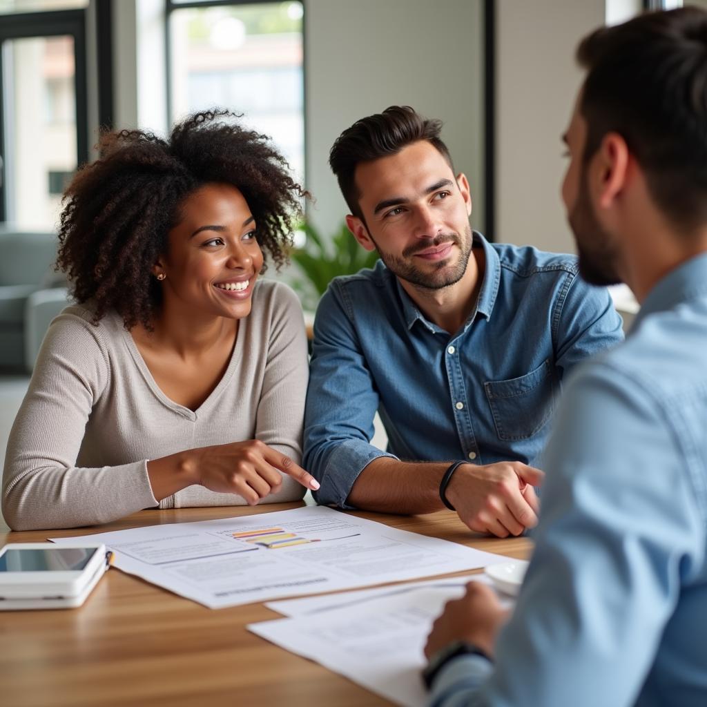 Couple meeting with a mortgage lender to discuss home loan options