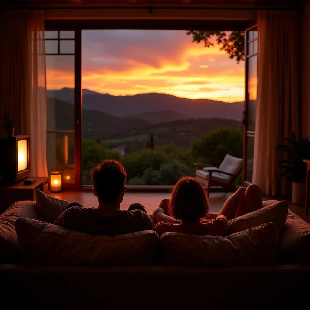 Couple enjoying home cinema in Spanish countryside