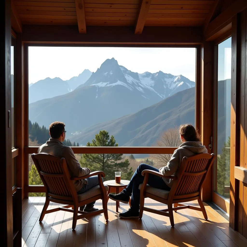 A couple relaxing in their cerramiento porche with a stunning mountain view