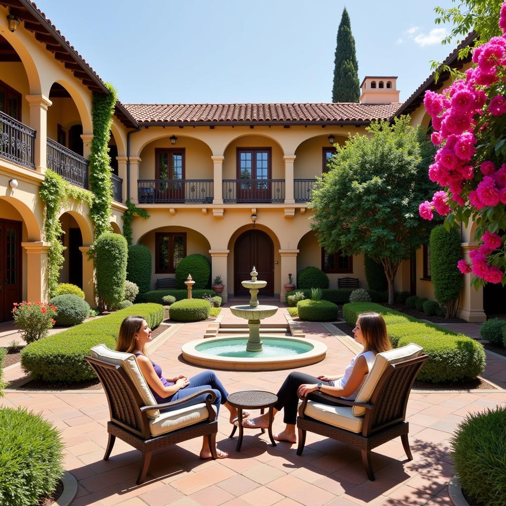 A couple enjoying a glass of wine in the peaceful courtyard of their Spanish villa.