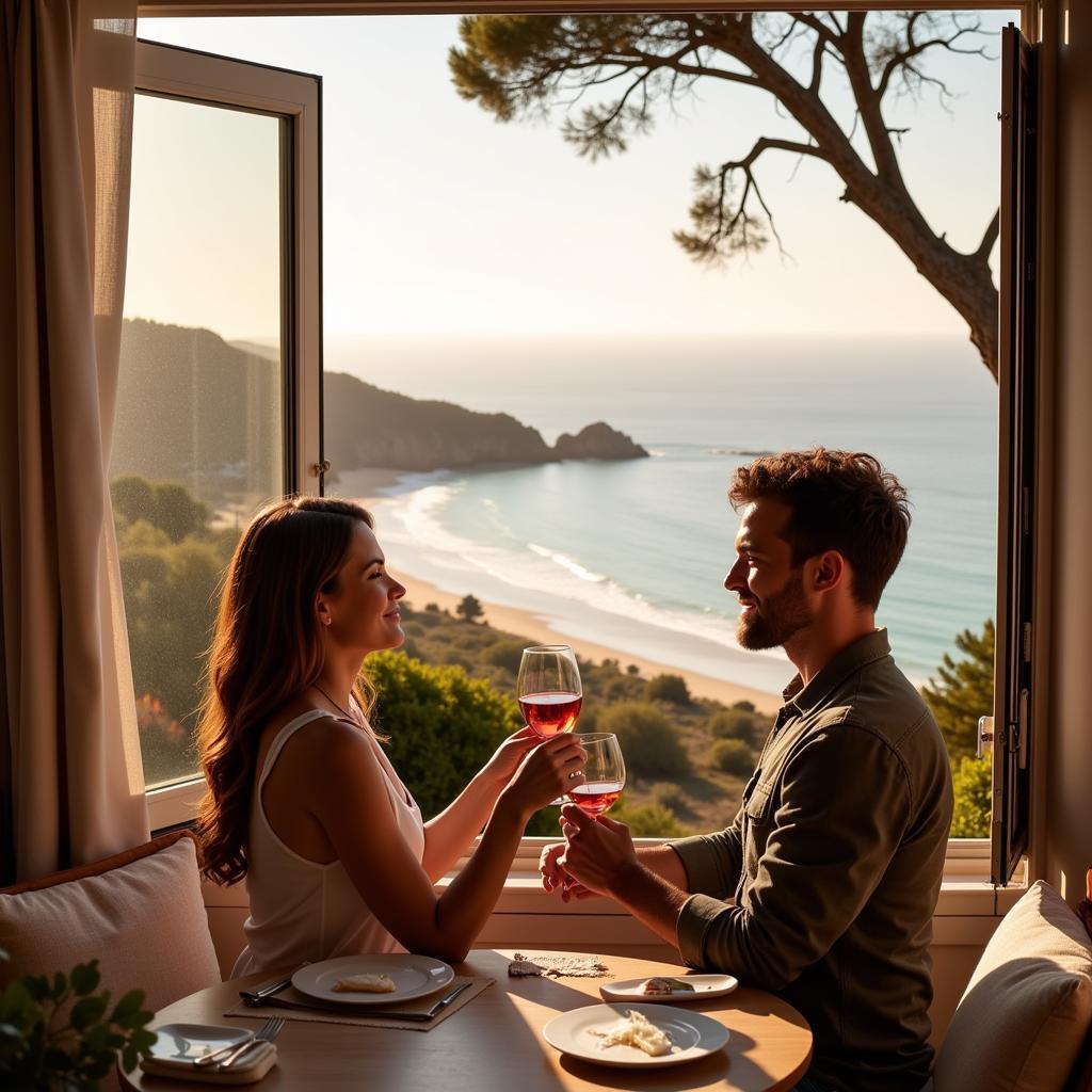 Couple enjoying a glass of wine outside their mobil home with a stunning beach view