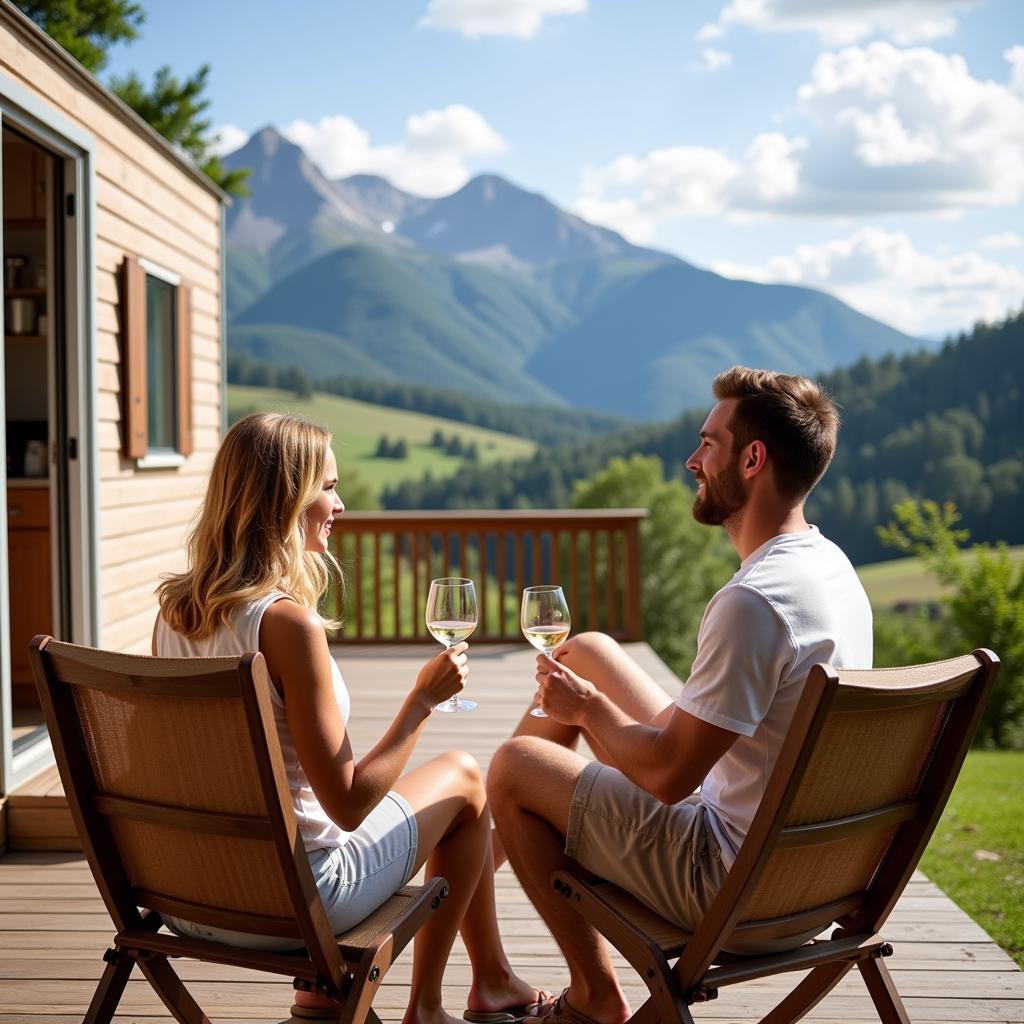 Couple Relaxing on Mobile Home Deck with Mountain View