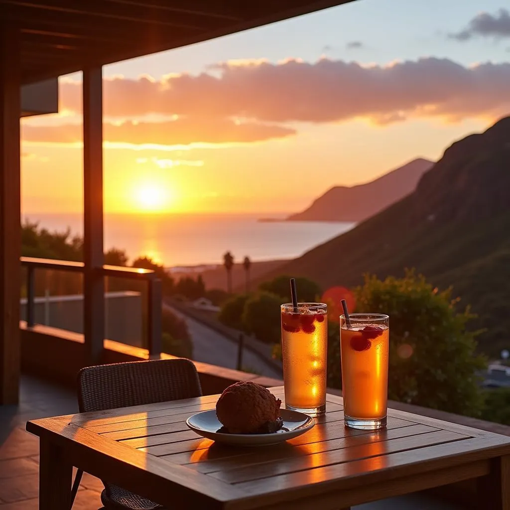 Couple enjoying the sunset from the deck of their casa mobil home in Gran Canaria