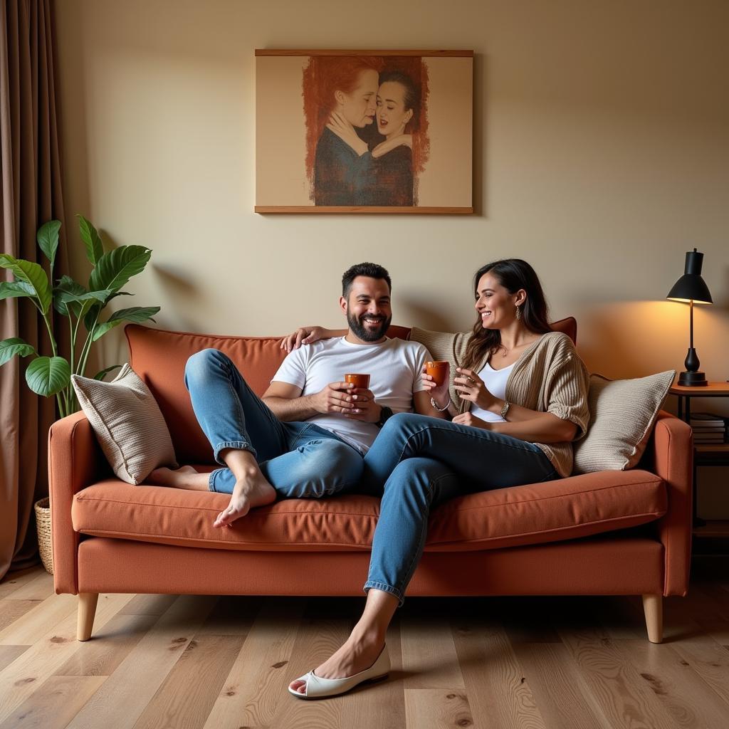 A couple enjoys a relaxing evening on their Kave Home 2-seater sofa