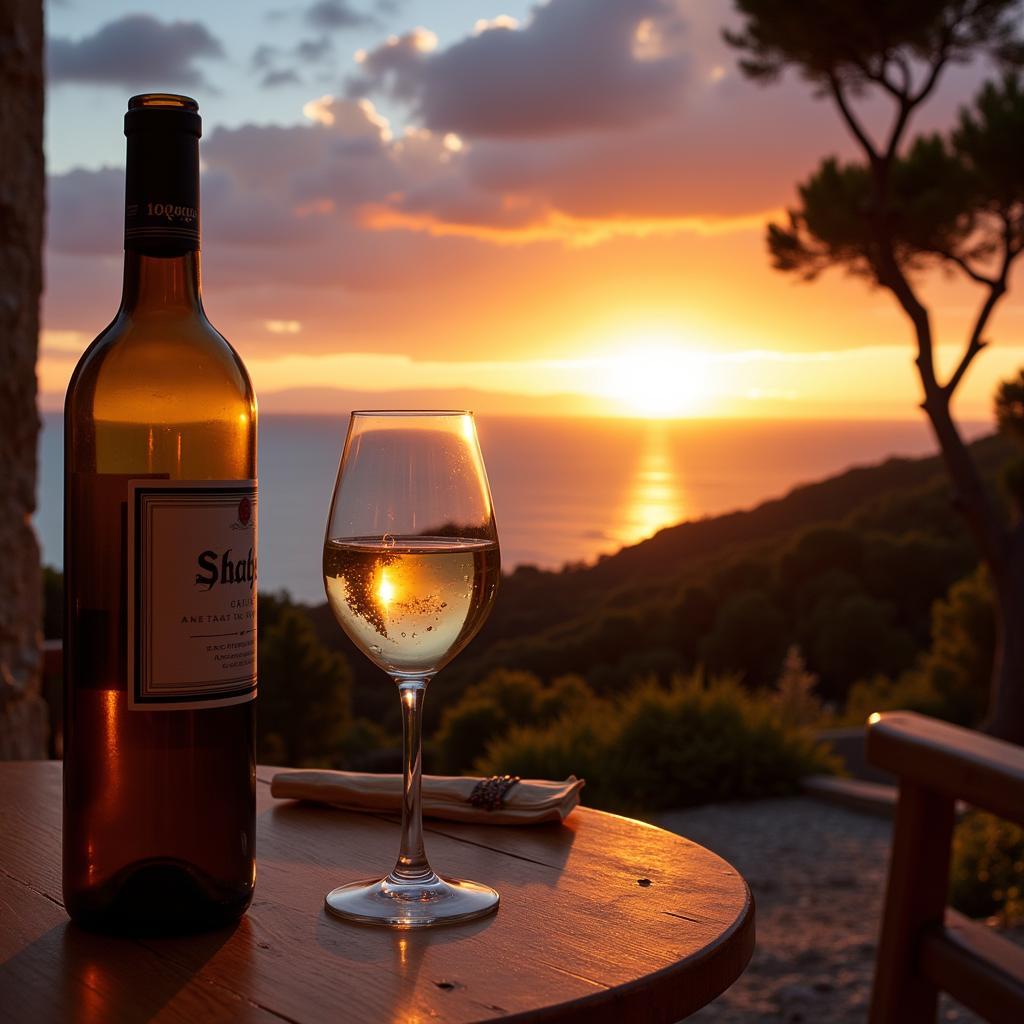 A couple sips wine on their mobile home's porch, a breathtaking view of the Spanish mountains painting the backdrop.