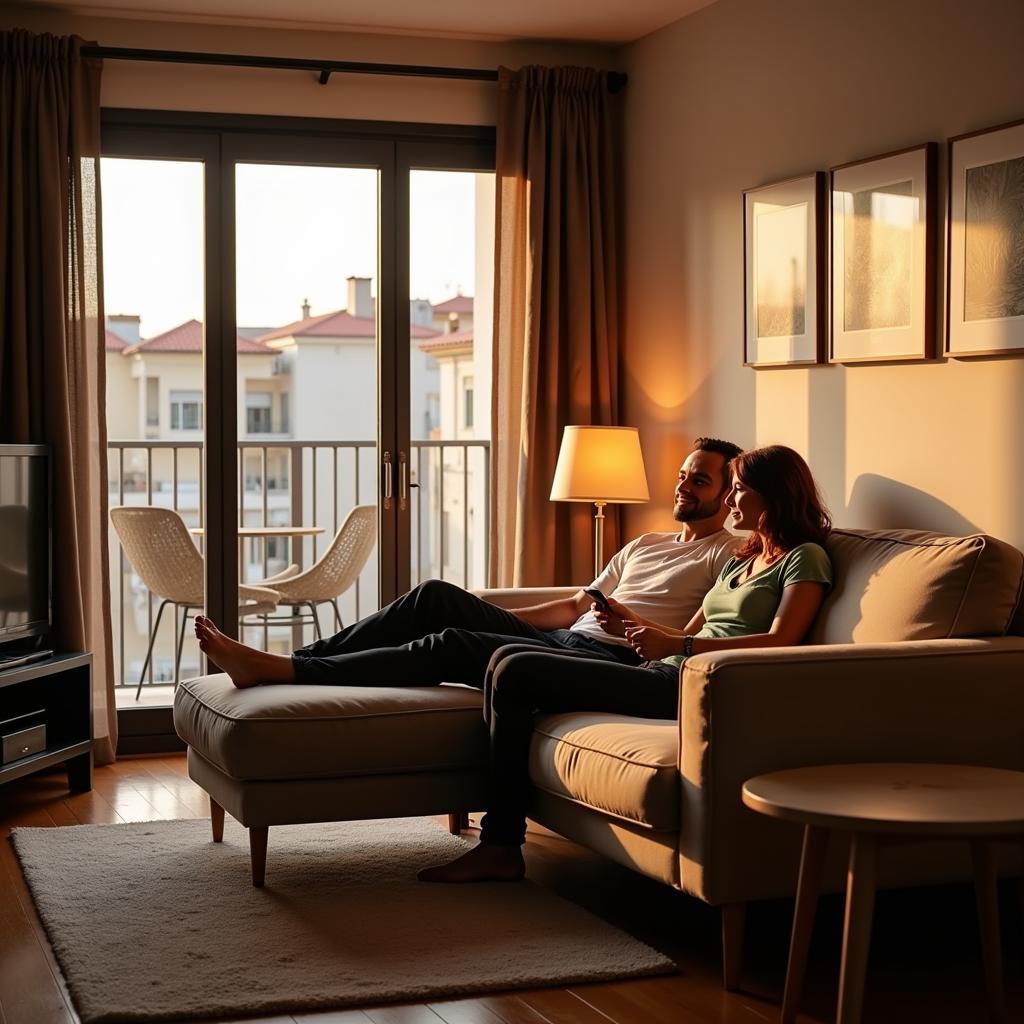 Couple Relaxing on a Sofa Bed in a Stylish Spanish Apartment