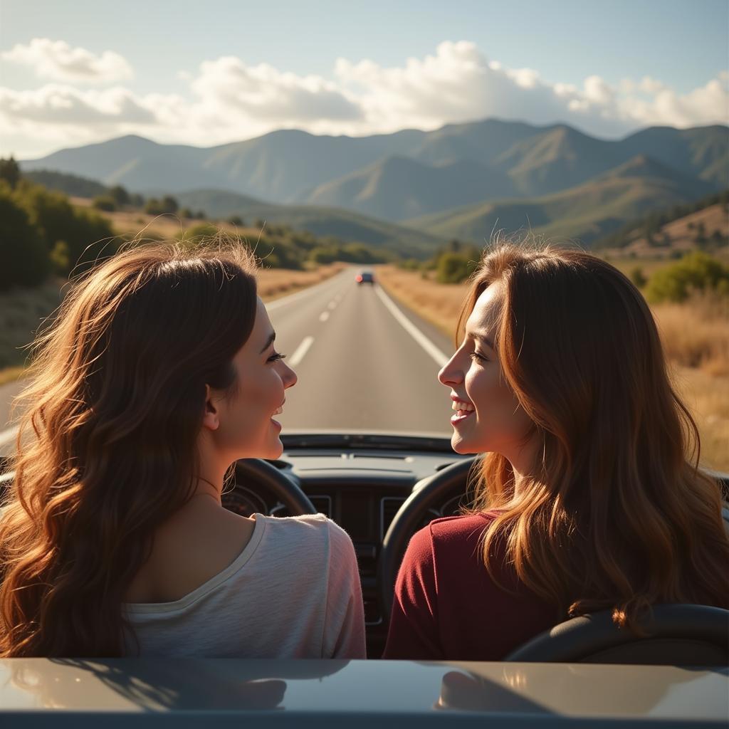 Couple singing along to "Home" on a road trip