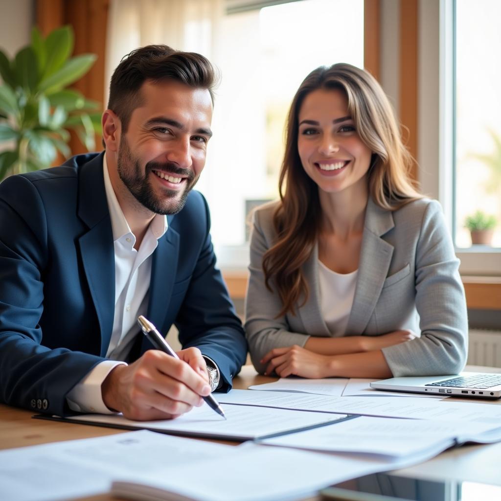 Couple Signing Documents with Spanish Real Estate Agent