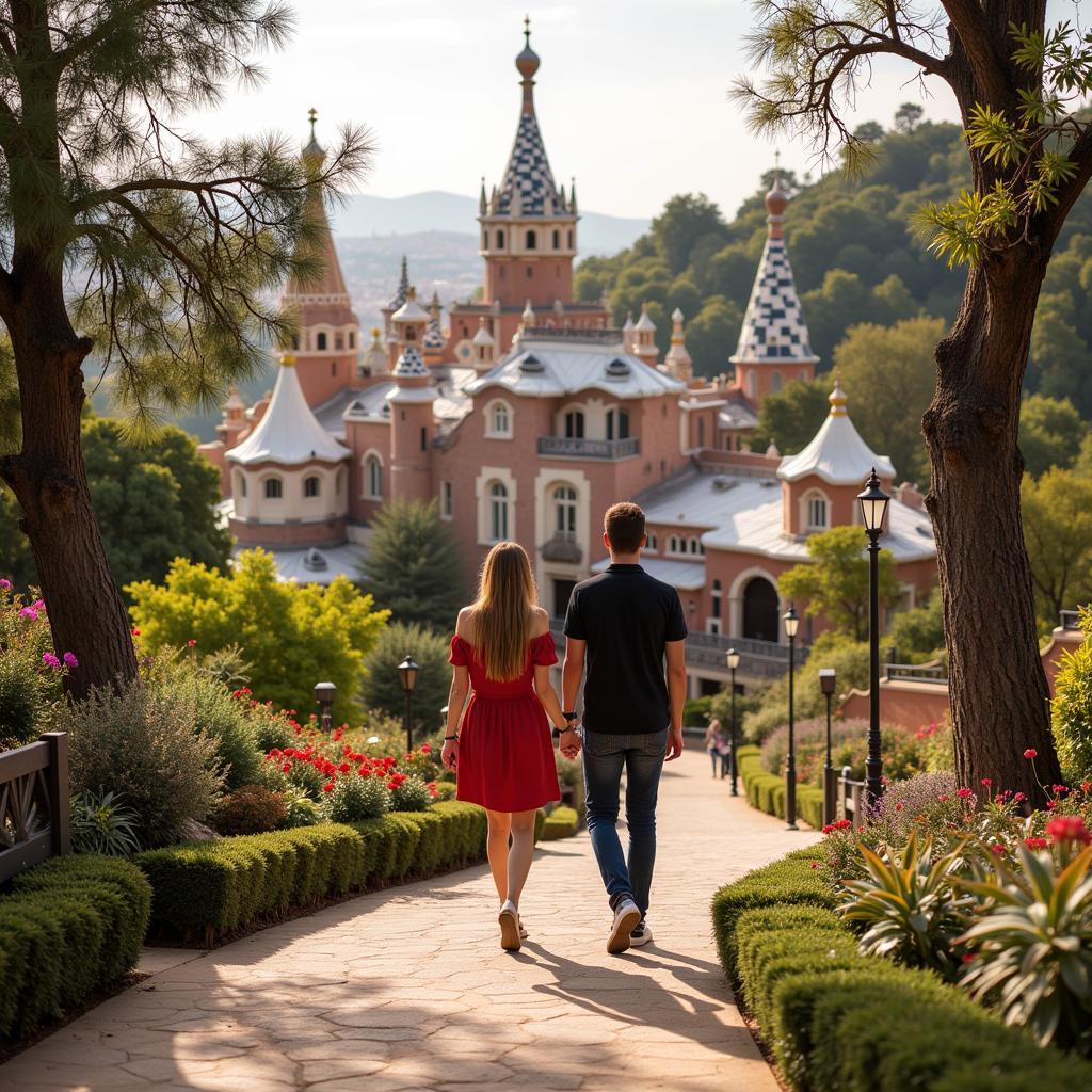 A couple strolling through Park Güell in Barcelona