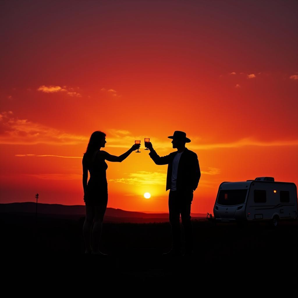 Couple enjoying wine with a sunset view from their caravan