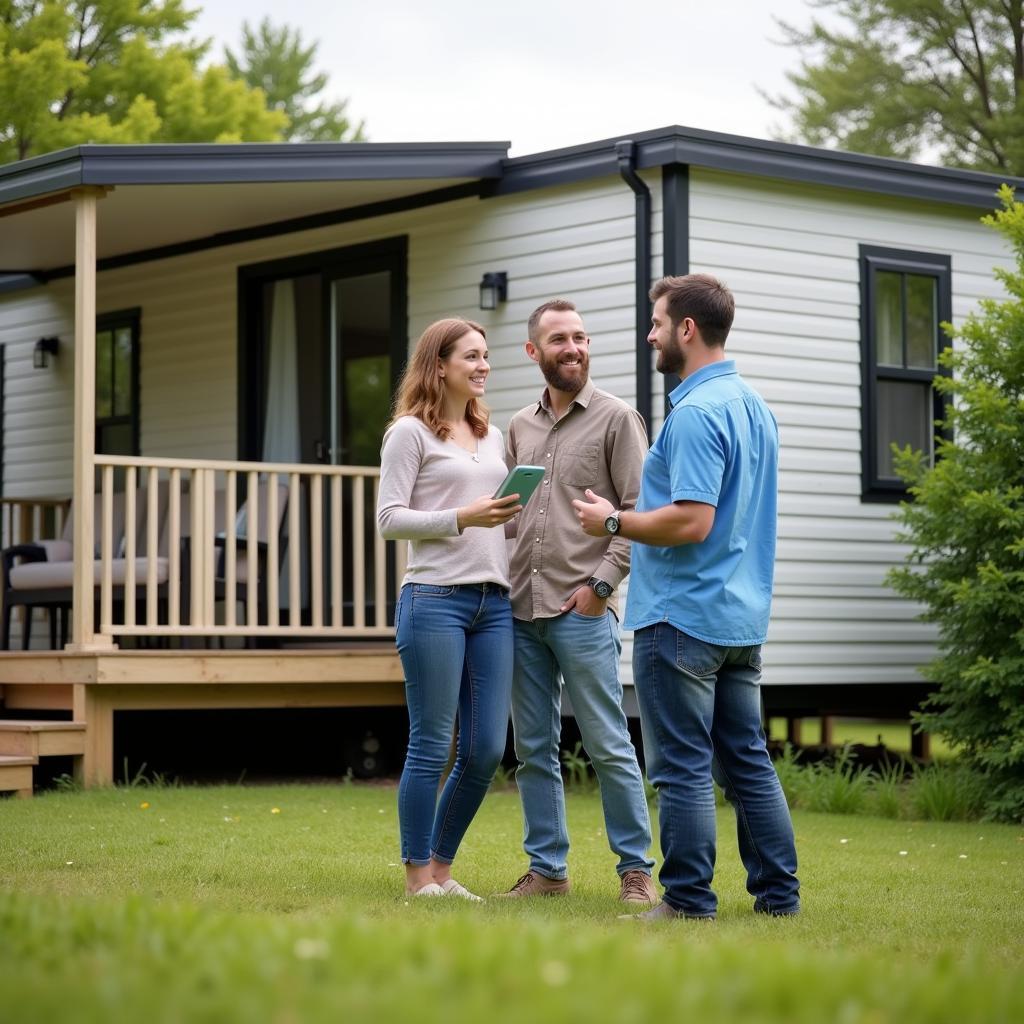 A couple viewing a mobile home with a real estate agent