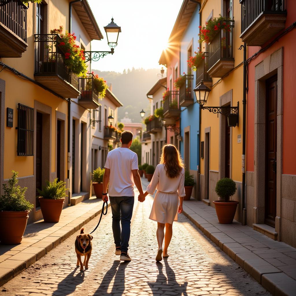 Couple Walking Dog in Spanish Town