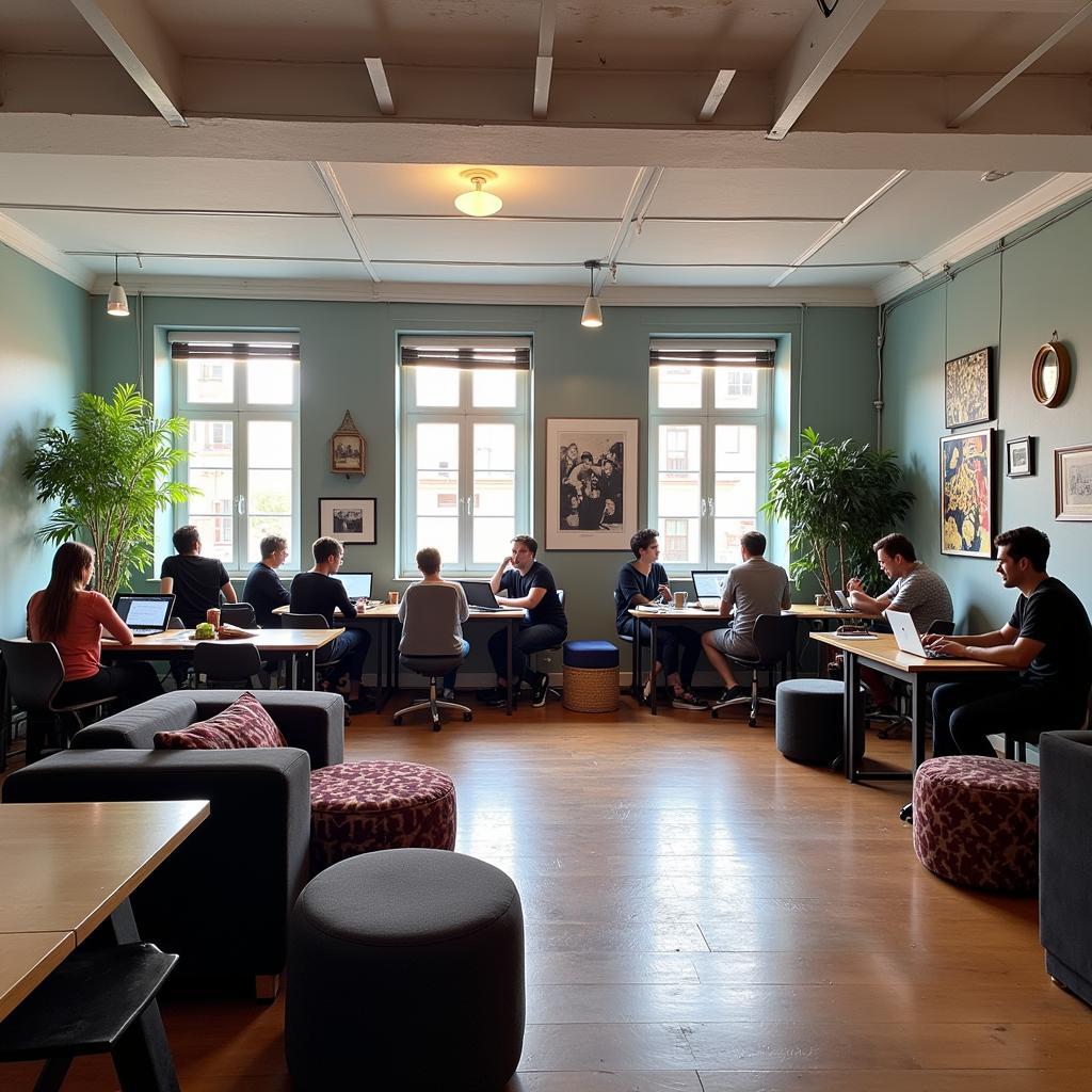 Lively coworking space in Barcelona with individuals working on laptops