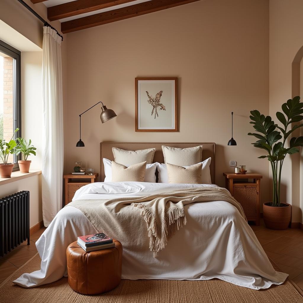 A cozy bedroom in a Spanish homestay, featuring a comfortable bed dressed with inviting Zara Home bedding, including a cubrecamas, pillows, and throws.