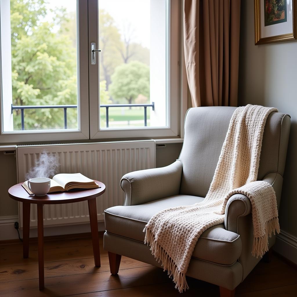 A cozy corner with a Kave Home armchair, a warm blanket, and a side table with a book and a cup of tea.