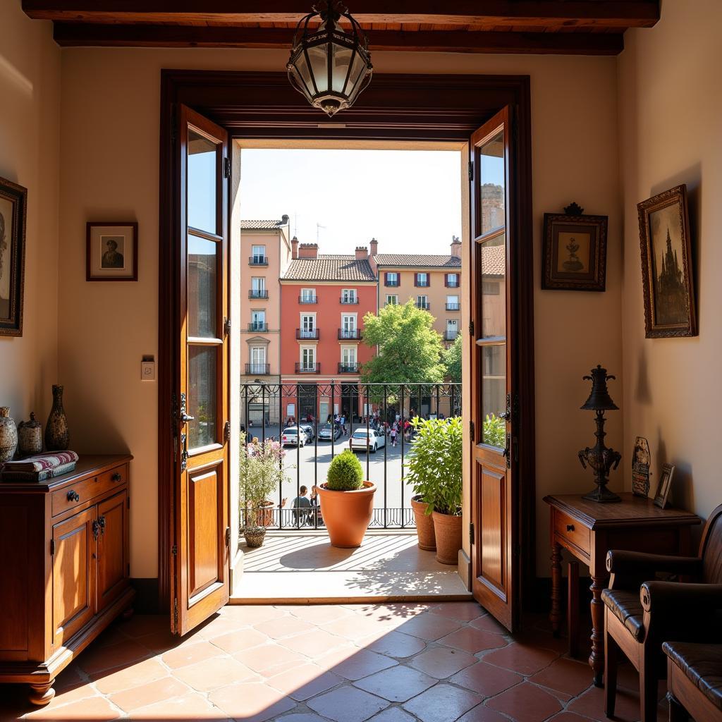 Cozy Spanish apartment living room with balcony overlooking a lively plaza