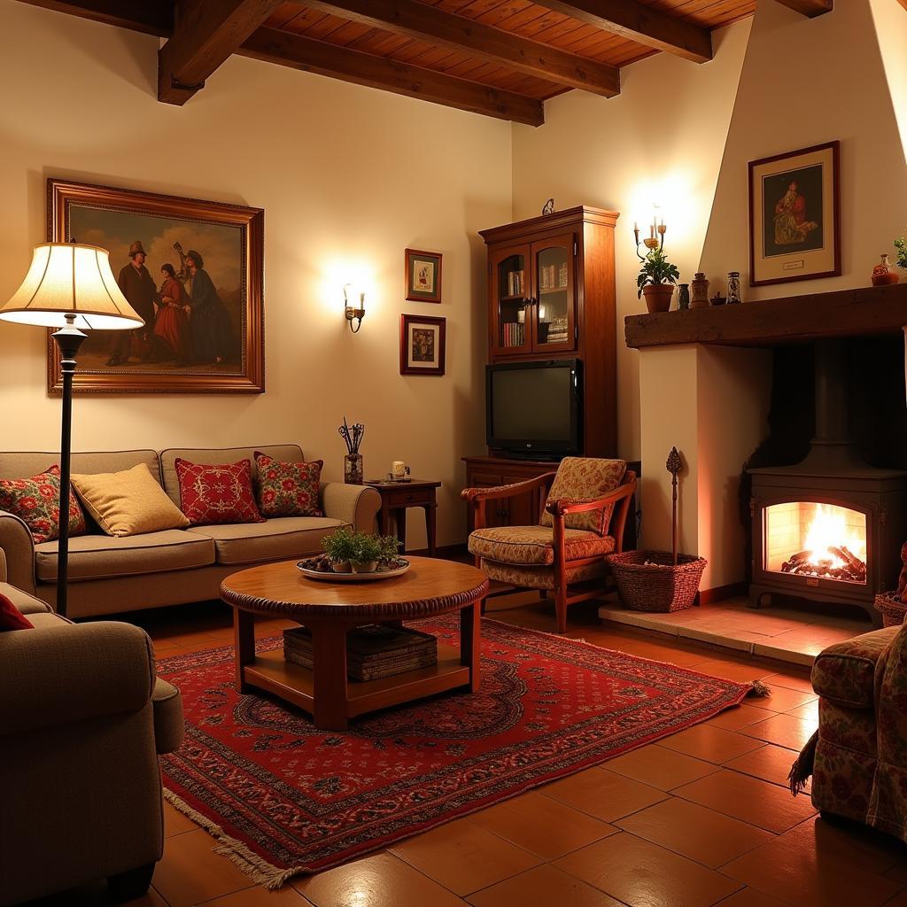 Cozy Spanish Homestay Living Room with Fireplace