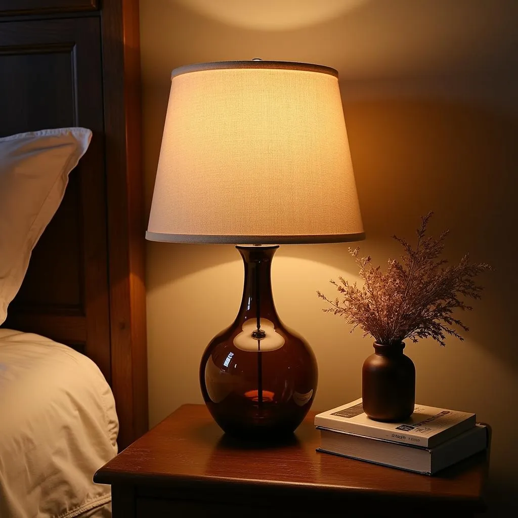 Dark amber glass lamp from Zara Home on a bedside table