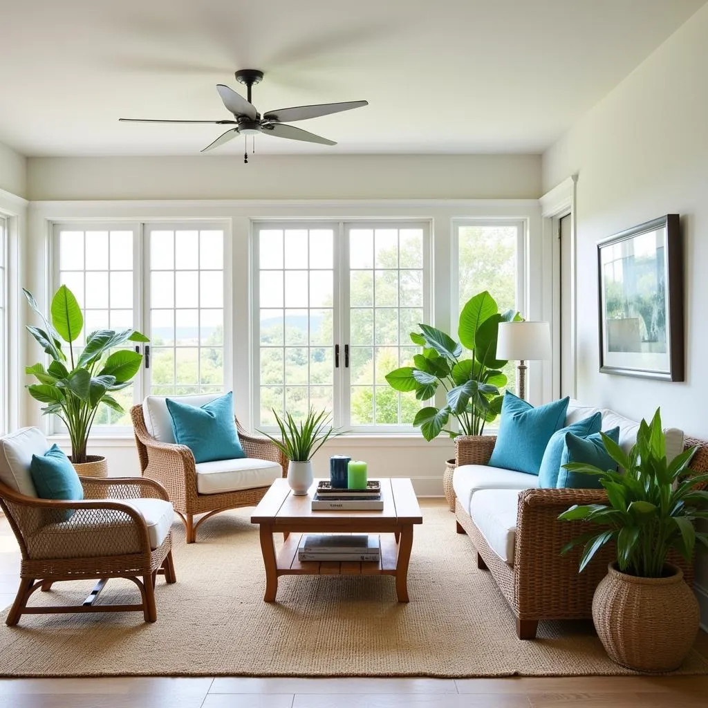 A spacious living room decorated in a coastal style, featuring a light color scheme, natural materials, and accents of blue and green