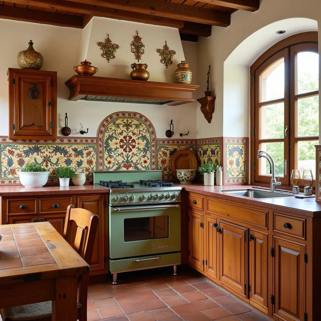 A kitchen featuring traditional Spanish tiles and ceramics, showcasing a warm and inviting ambiance