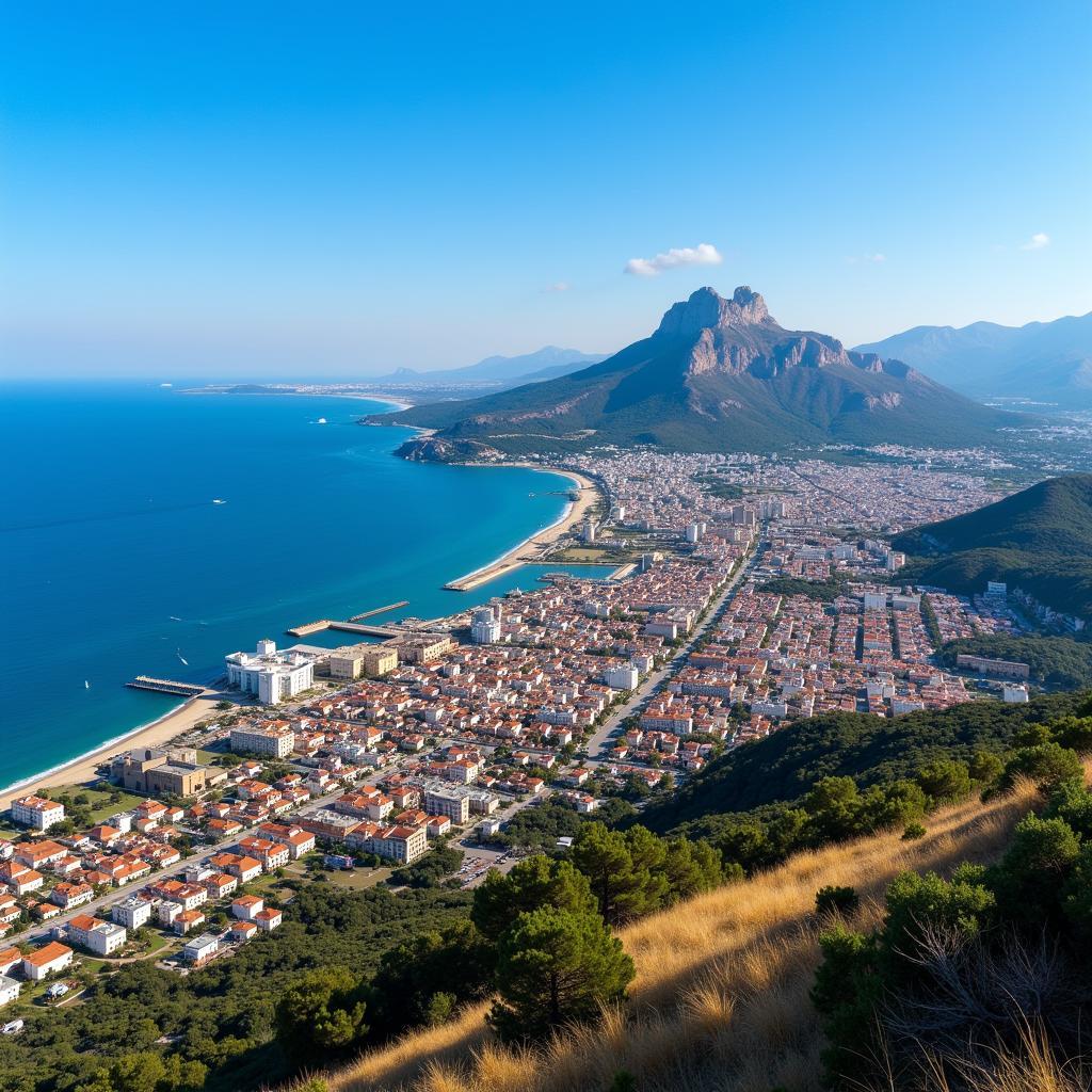 Aerial view of Denia with the Montgó mountain in the background