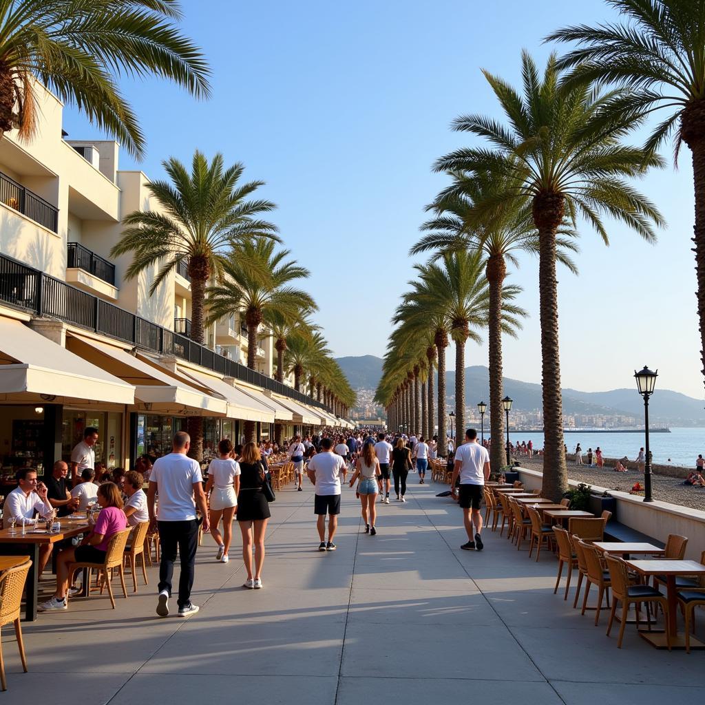 Lively beachfront promenade in Denia with restaurants and palm trees