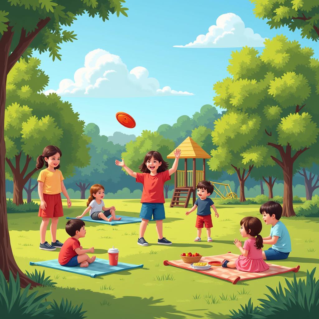 Families enjoying a sunny day at a park in Denton, Texas, with picnic blankets, frisbees, and laughter.