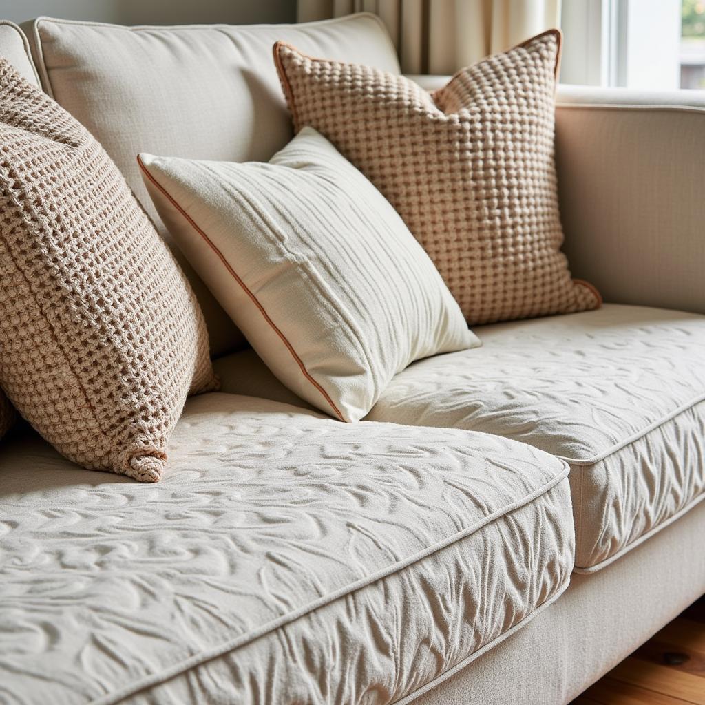 Close-up of a Zara Home sofa cover paired with textured cushions, showcasing the attention to detail and quality