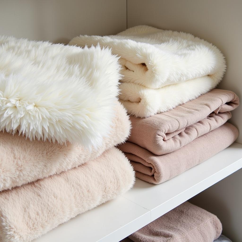 Various Zara Home manta de pelo throw blankets displayed on a shelf