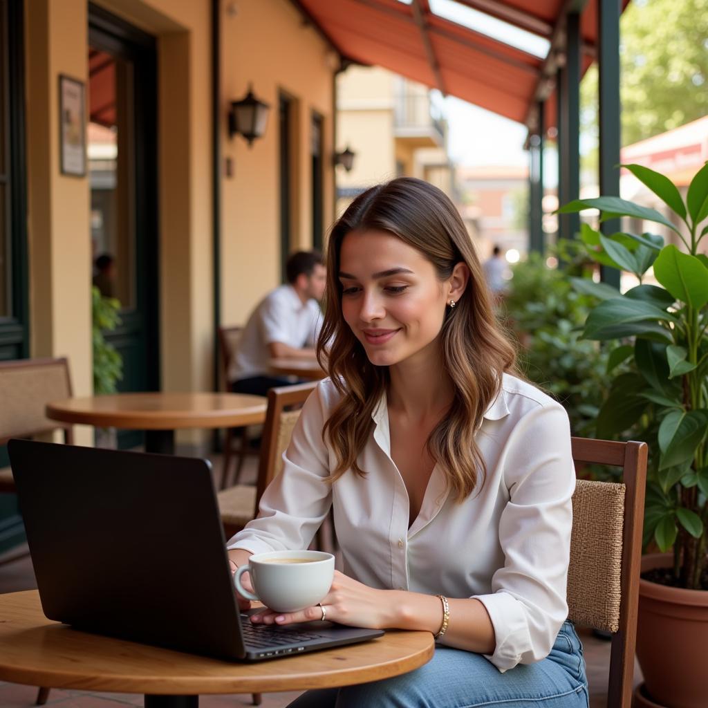 Digital Nomad Working in a Spanish Cafe