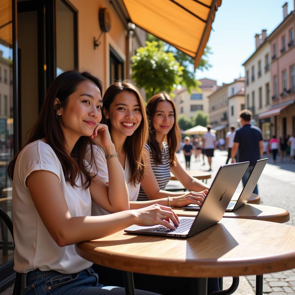 Digital Nomads Working in Spanish Cafe