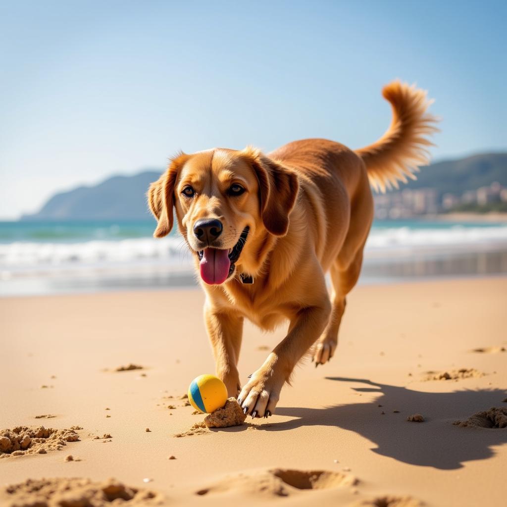 Golden Retriever playing fetch on a Barcelona beach