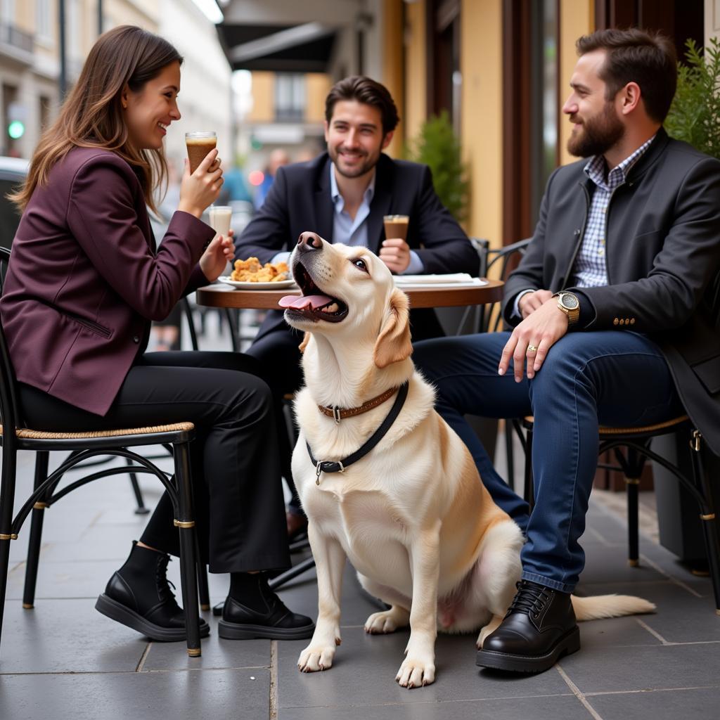 A dog-friendly cafe in Madrid with a dog enjoying a treat