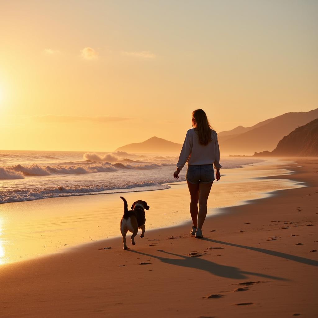 Walking dog on a Spanish beach