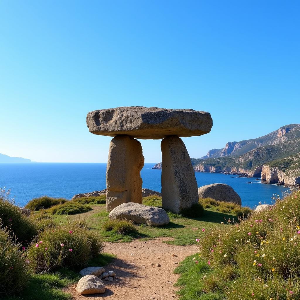 The Dolmen del Cap de l'Home set against the backdrop of the Costa Brava.