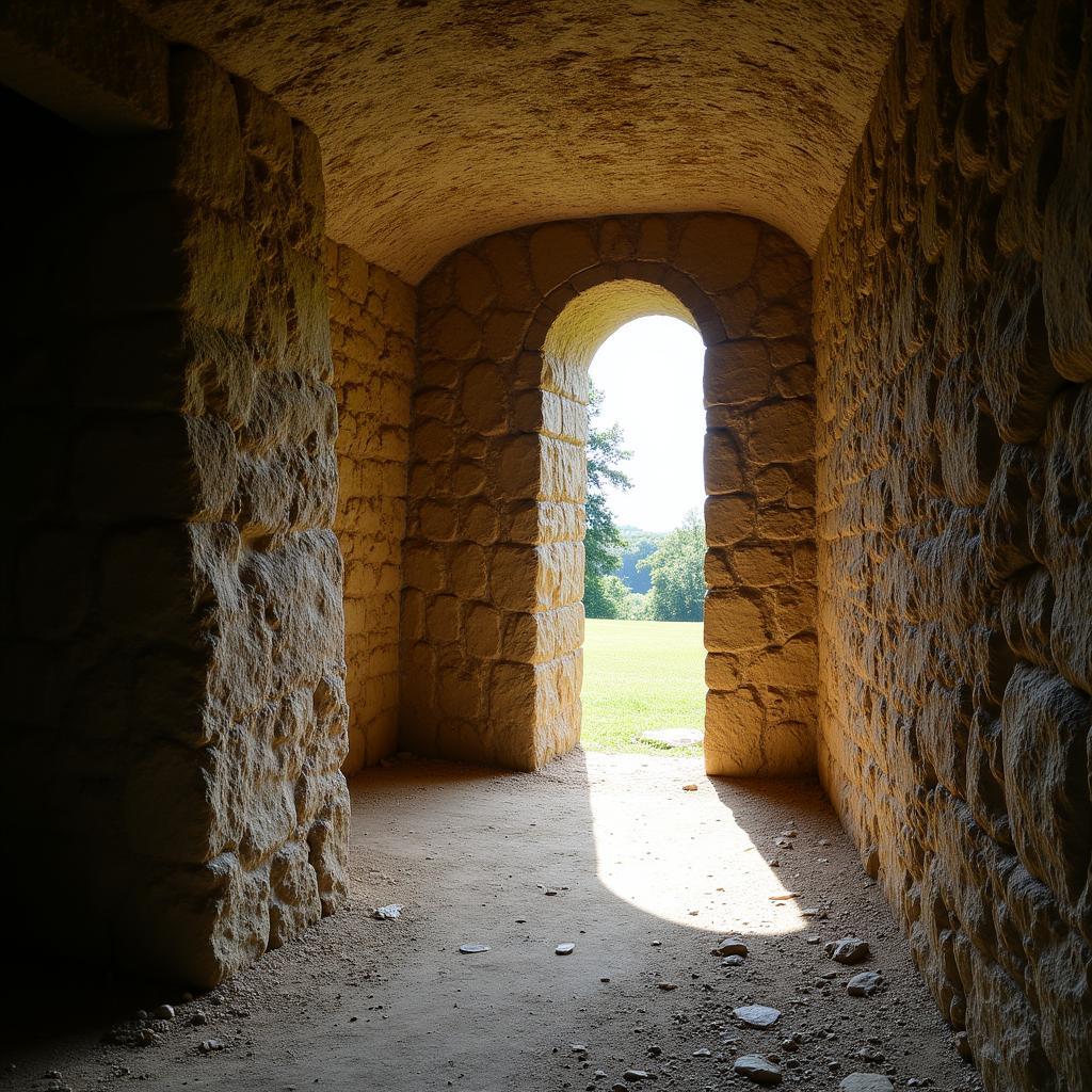 Inside the Dolmen del Cap de l'Home, sunlight illuminates the chamber.