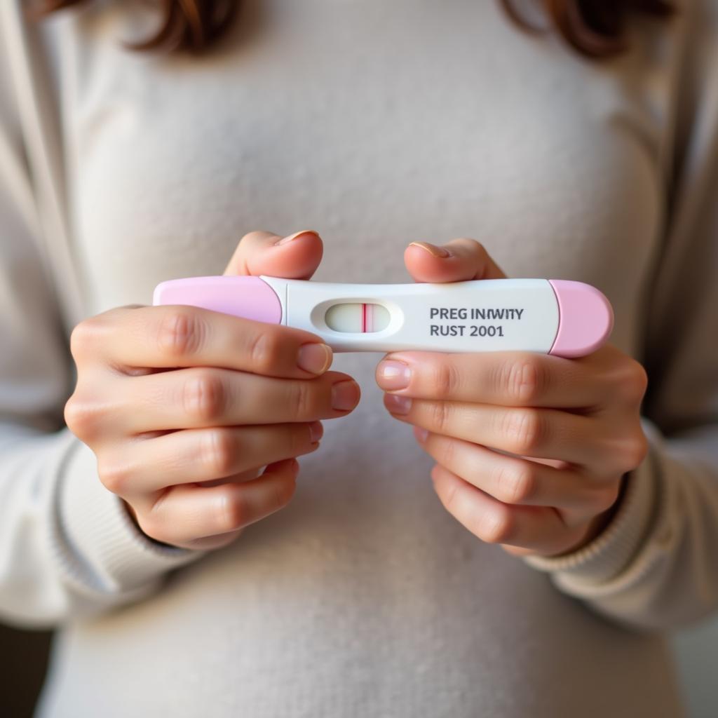 Woman holding an early pregnancy test kit