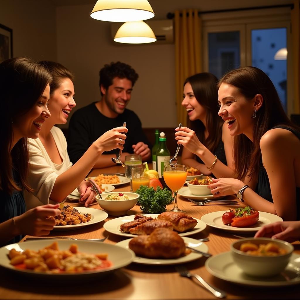 A heartwarming scene of a "me Stay in Spain" guest enjoying a traditional Catalan meal with their host family in their cozy Fabra i Puig apartment.