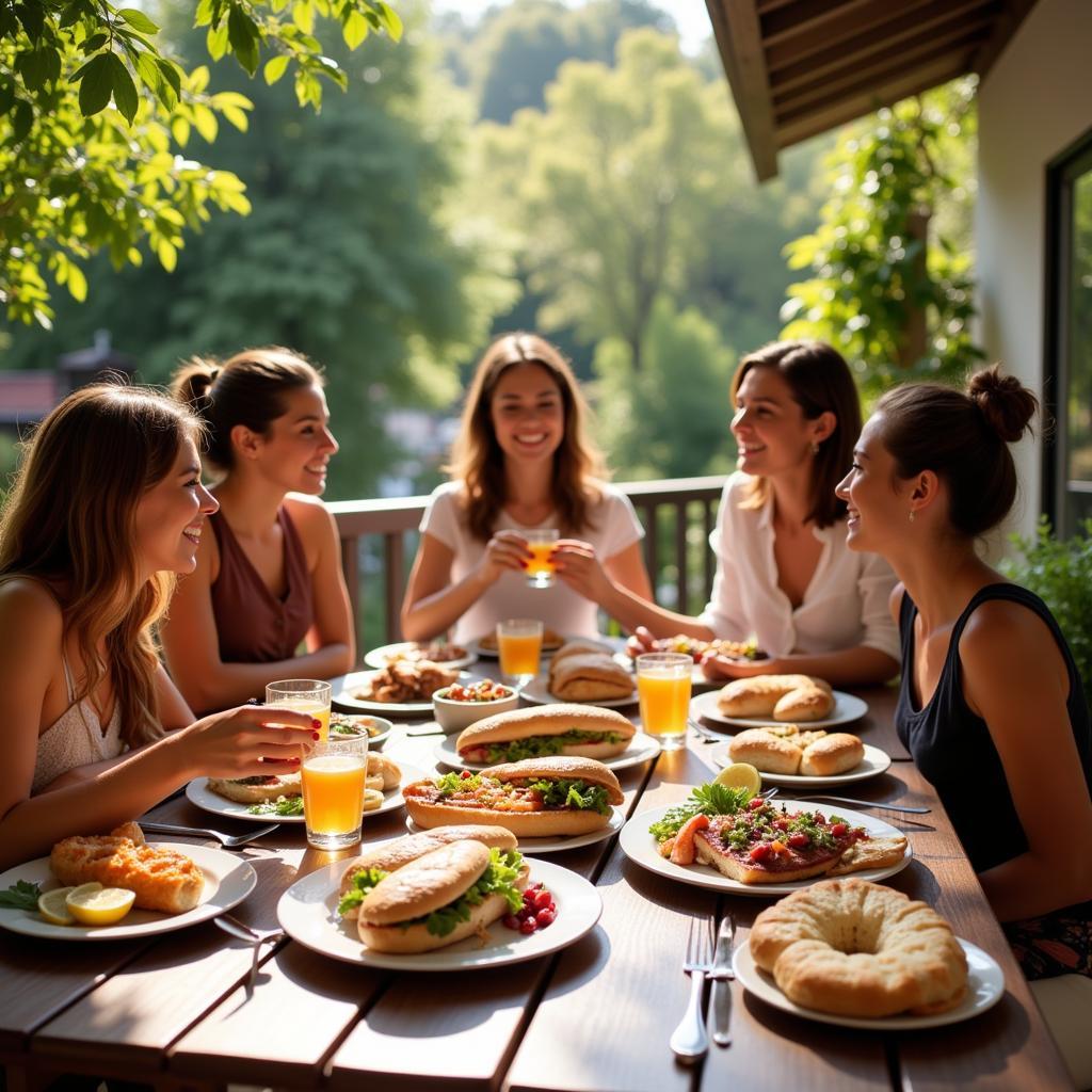 A group of friends enjoying bocadillos and drinks on a sunny terrace