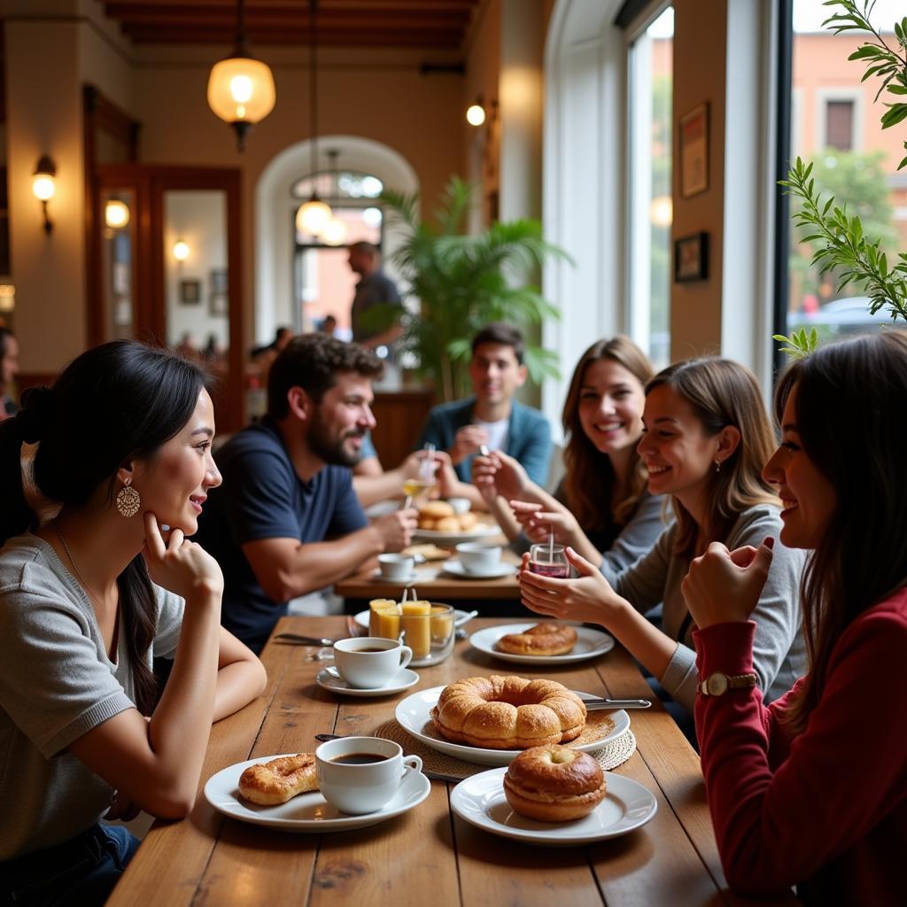 People enjoying puff borreguito at a Spanish cafe