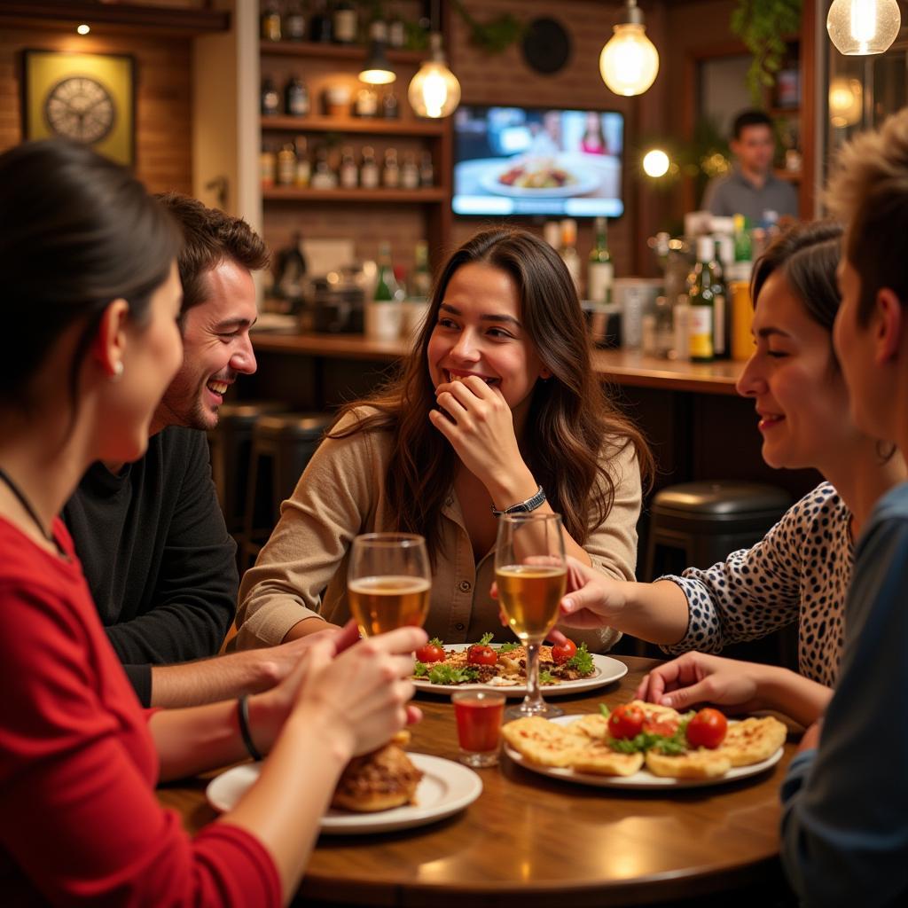 Enjoying tapas with locals in a bustling Spanish bar during an Inuk home stay.
