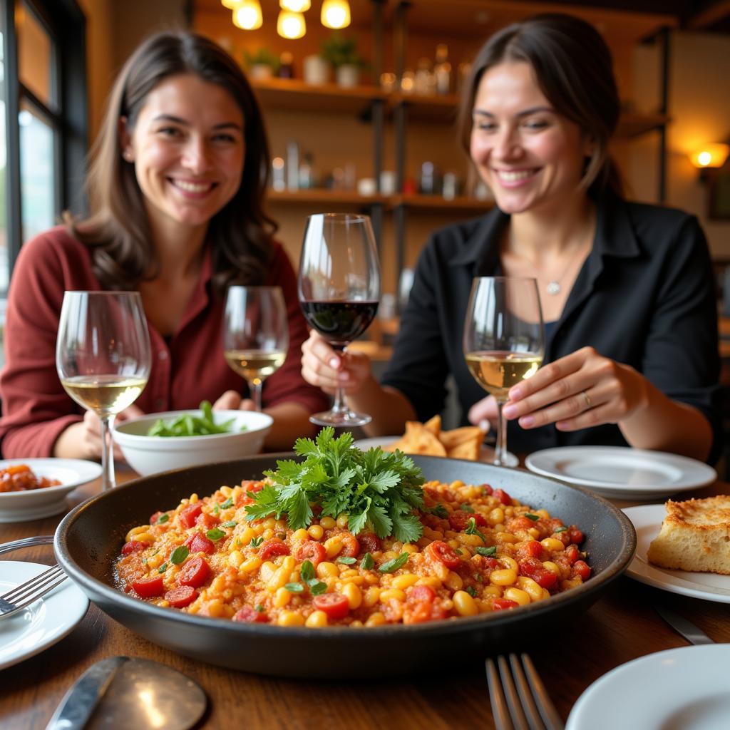 A table setting with a delicious spread of traditional Spanish food in Ciudad Real, including tapas, paella, and local wine.