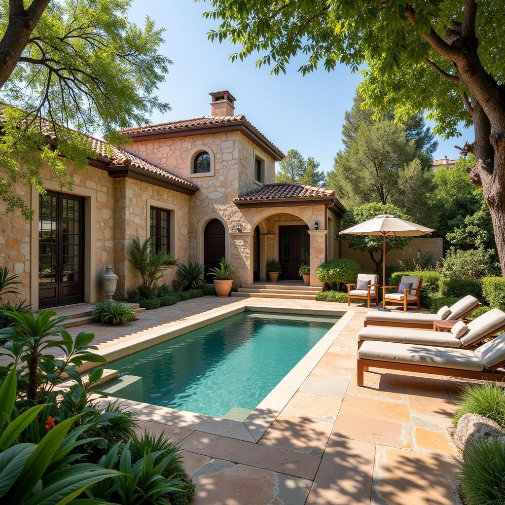 A serene Andalusian courtyard bathed in sunlight, featuring intricate tile work and a bubbling fountain