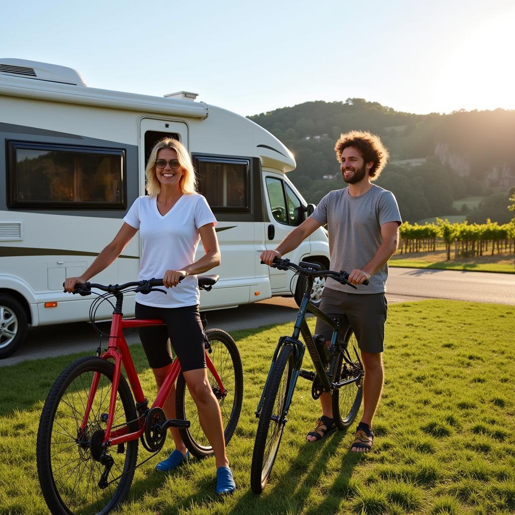 Couple standing by their mobil home with bicycles, preparing to explore the Galician countryside