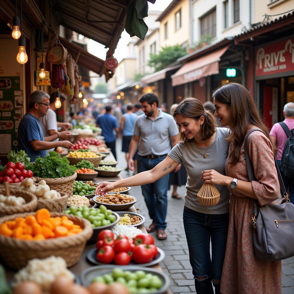 A guest explores a bustling local market with their Spanish host